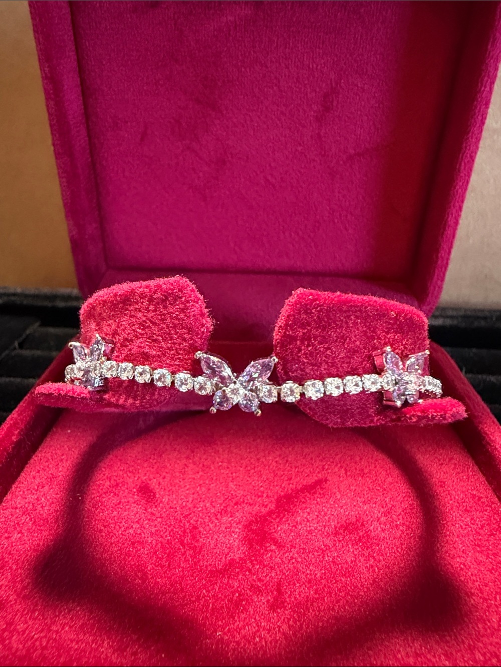 Elegant Lavender-Pink Crystal Butterfly Bracelet - 7 in+2inch